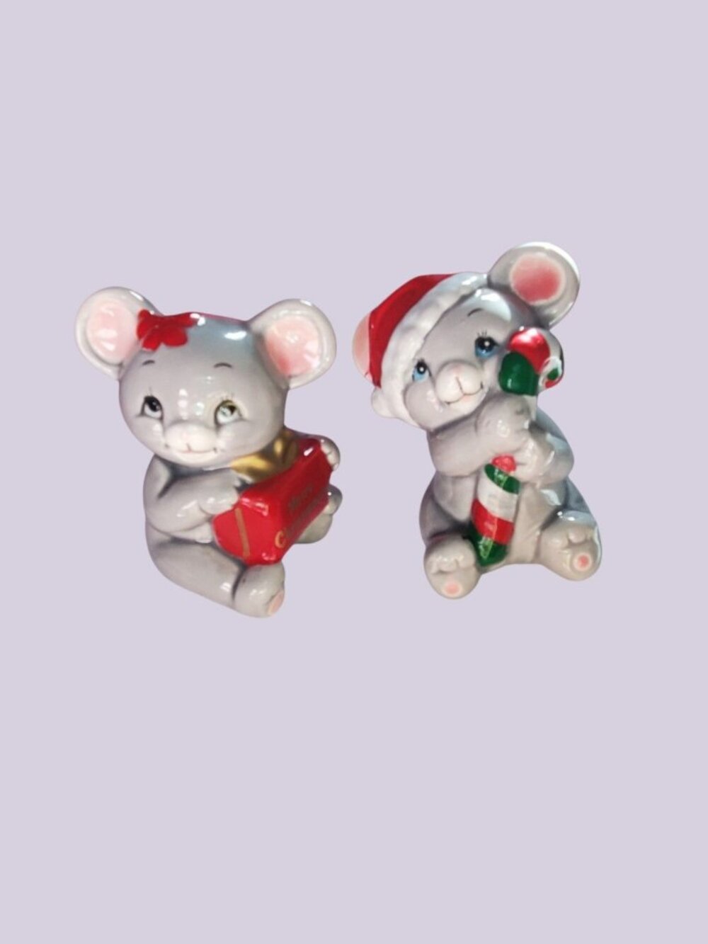 Russ Vtg Merry Christmouse Ceramic Figurines Pair Mouse W/Present & With Candy